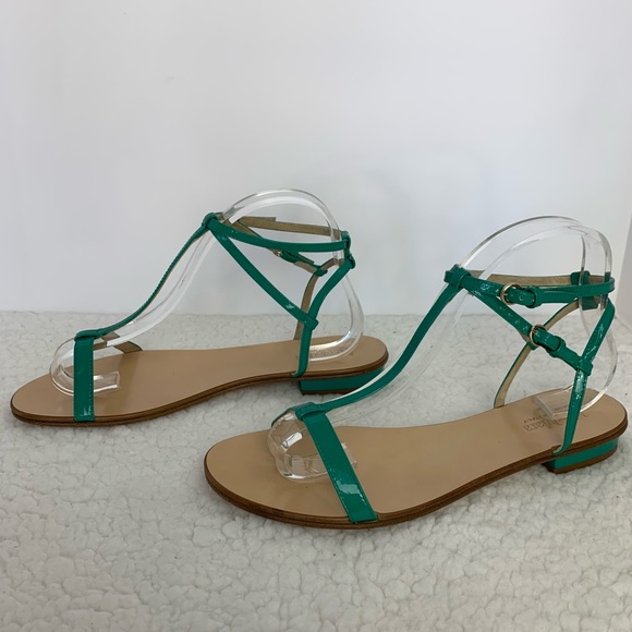 MaxMara Women's Turquoise Patent Leather Flat T-Strap Sandals Size 40/10 - Picture 3 of 9